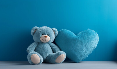 Wall Mural - Blue Teddy Bear with Heart-shaped Pillow in Room
