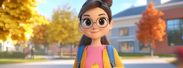 Poster - Whimsical 3D cartoon girl in casual outfit at school