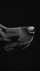 Close-up black and white image of a dog's nose and snout in profile with a dark background, highlighting texture and detail.