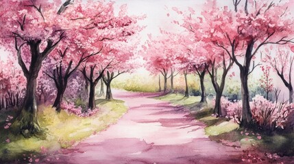 Wall Mural - Watercolor illustration of a hand painted spring landscape featuring a blooming pink cherry garden