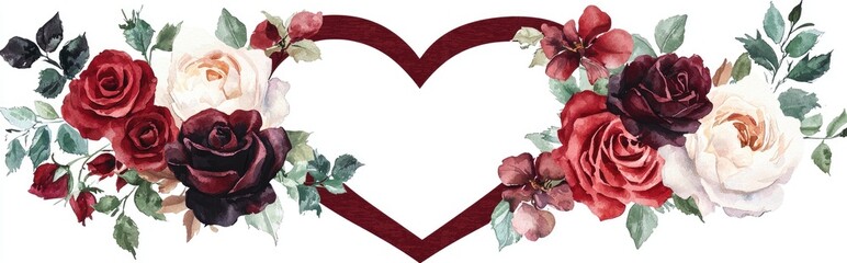 Watercolor heart wreath adorned with red and burgundy roses ideal for weddings and bridal showers Vintage floral border featuring roses