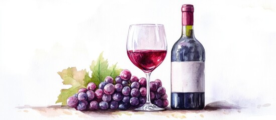 Wall Mural - Watercolor illustration of a glass of red wine a bottle and a bunch of grapes on a white background Ideal for celebrations or relaxation