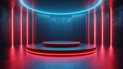 Wall Mural - A red and blue neon lighted stage with a red and blue curtain