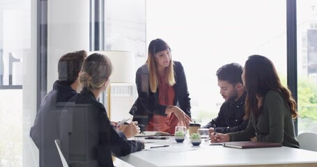 Poster - Leadership, business people meeting and professional woman listen to design idea, plan or problem solving solution. Employee teamwork, workforce group and designer consulting on agency collaboration