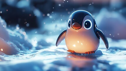 A cute penguin standing in soft snow, illuminated by a gentle glow, creating a magical winter scene.