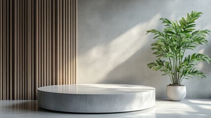 Wall Mural - A white pedestal with a plant in a white pot sits in front of a wall