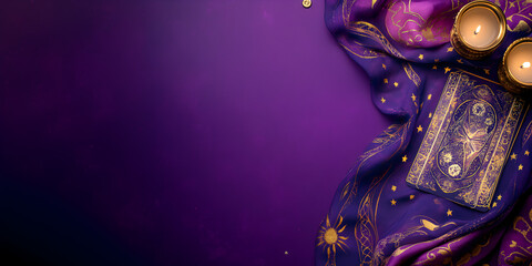 Celestial tarot cloth web banner. Shiny celestial tarot cloth on purple background with copy space.