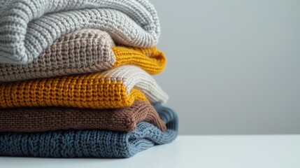 Stack of warm knitted sweaters on white table