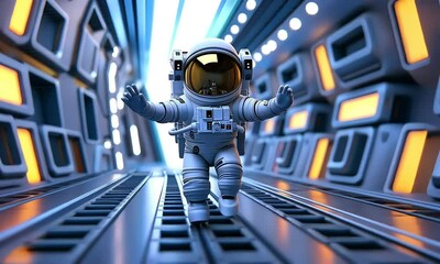 Wall Mural - Astronaut Floating in Futuristic Space Station Corridor with ai generated.
