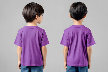 Wall Mural - Asian child modeling vibrant purple t-shirt mock-up in front and back views with grey background