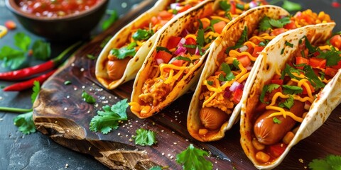 Poster - Gluten-Free Tortilla Wraps Filled with Cheese and Hot Dogs, Topped with Spicy Sauce