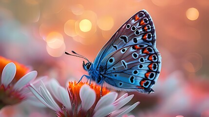 Pretty blue wing butterfly in outdoor garden sitting on flowers, peaceful serene late evening dusk with colorful bokeh blur light circles in background, panoramic macro closeup