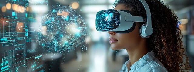 AI cyber security concept. Female IT Computer specialist analyzing artificial intelligence digital threats to consumer data & privacy breach. Software developer coding & ethical hacking in dark office