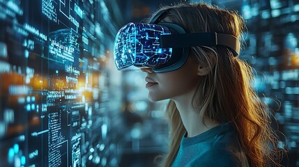 AI cyber security concept. Female IT Computer specialist analyzing artificial intelligence digital threats to consumer data & privacy breach. Software developer coding & ethical hacking in dark office