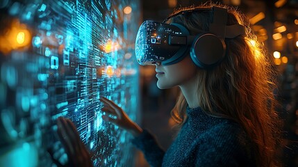 AI cyber security concept. Female IT Computer specialist analyzing artificial intelligence digital threats to consumer data & privacy breach. Software developer coding & ethical hacking in dark office