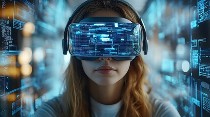 AI cyber security concept. Female IT Computer specialist analyzing artificial intelligence digital threats to consumer data & privacy breach. Software developer coding & ethical hacking in dark office