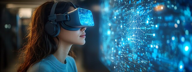 AI cyber security concept. Female IT Computer specialist analyzing artificial intelligence digital threats to consumer data & privacy breach. Software developer coding & ethical hacking in dark office