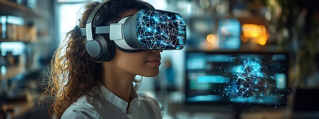 AI cyber security concept. Female IT Computer specialist analyzing artificial intelligence digital threats to consumer data & privacy breach. Software developer coding & ethical hacking in dark office