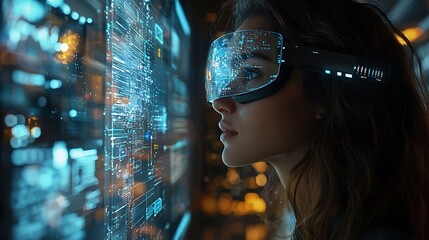 AI cyber security concept. Female IT Computer specialist analyzing artificial intelligence digital threats to consumer data & privacy breach. Software developer coding & ethical hacking in dark office