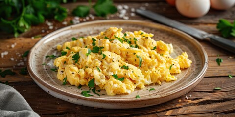 Wall Mural - Front perspective of scrambled eggs served on a dish atop a wooden surface