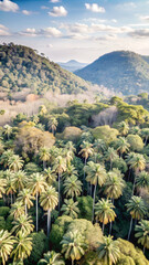 AERIAL: Dense acacia and palm trees forest in mountain jungle