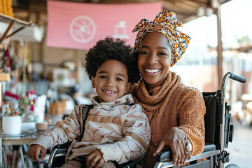 A woman and a child are smiling and sitting in a wheelchair