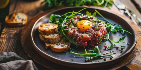 Wall Mural - Savory Beef Tartare Presented on a Rustic Platter Accompanied by Toasted Bread Pieces and Arugula