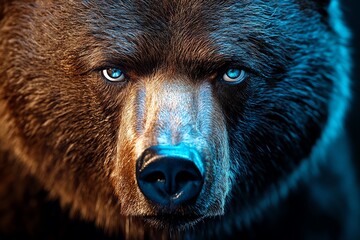 Aufkleber - A close-up of a bear's face, with piercing eyes and a serious expression, set against a dark, moody background
