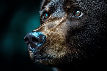 Aufkleber - A close-up of a bear's face, with piercing eyes and a serious expression, set against a dark, moody background