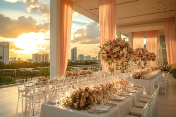 Wall Mural - A large table with white tablecloths