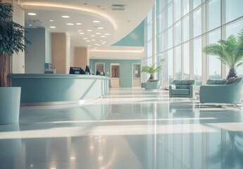 Canvas Print - Modern Hospital Lobby with Reception Desk and Comfortable Seating