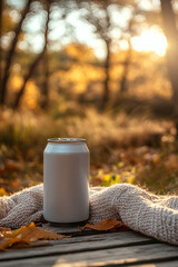 Wall Mural - A can of soda is sitting on a blanket in a forest