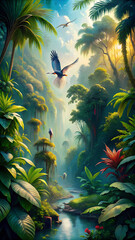 a painting of a jungle scene with lots of plants and trees in the foreground and a bird flying in the distance, with a bird in the foreground.  generative ai