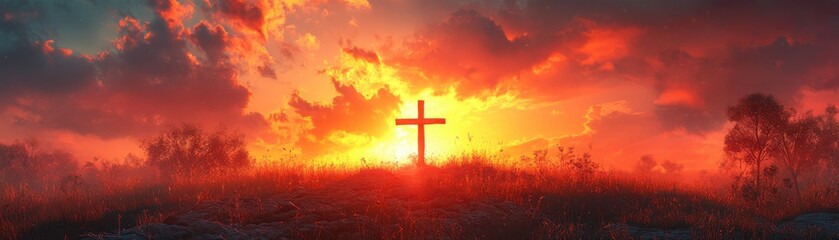 Wall Mural - A cross is shown in the sky with a sunset in the background