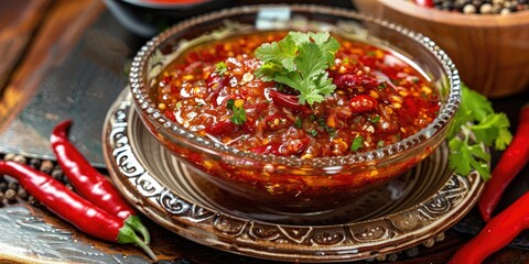 Wall Mural - Glass dish featuring chili sauce with shrimp paste, crafted from chilies, shallots, tomatoes, shrimp paste, a touch of salt, and various seasonings.