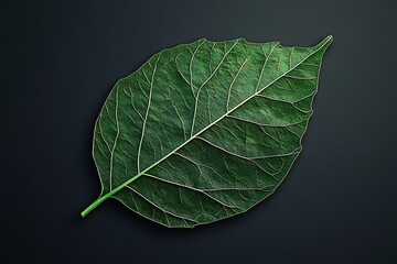 Isolated green leaf on black background, a macro close-up of fresh foliage in nature