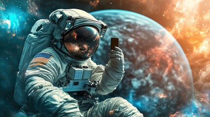 Wall Mural - astronaut taking a selfie in space with a smartphone