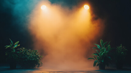 Wall Mural - Wide-angle lens, pear tree garden dark background, stage effect, spotlight, smokeless and foggy.