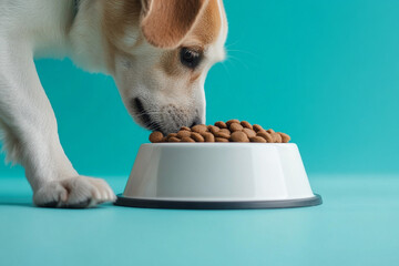 A dog is eating food from a bowl