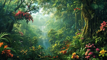 Lush Tropical Rainforest with Waterfall and Flowers