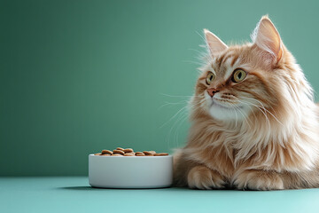 A cat is laying on a table next to a bowl of food