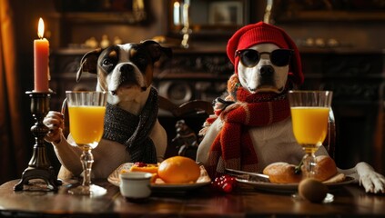 two dogs dressed as hipsters sitting at the table with orange juice and food