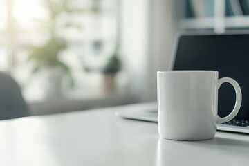 Poster - White Coffee Mug on Desk with Blurred Background