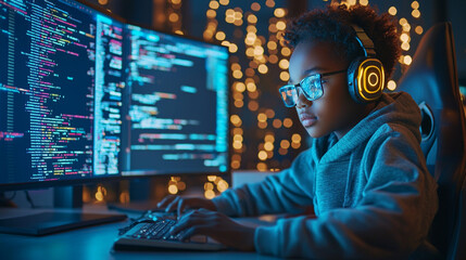 A young girl is sitting in front of two computer monitors, wearing headphones