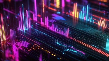 Poster - Abstract depiction of financial graphs and charts in neon colors