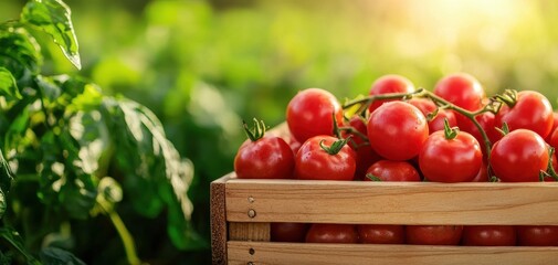 Fresh, ripe tomatoes in a wooden crate amidst a lush garden filled with green foliage and sunlight.