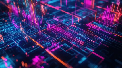 Poster - Abstract depiction of financial graphs and charts in neon colors