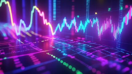 Poster - Abstract depiction of financial graphs and charts in neon colors