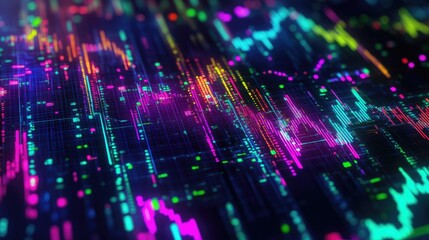 Poster - Abstract depiction of financial graphs and charts in neon colors