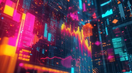 Poster - Abstract depiction of financial graphs and charts in neon colors